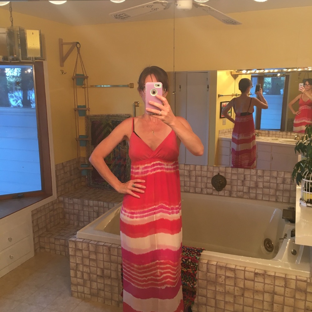 Gypsy 05 silk georgette maxi dress in red, white, hot pink tie dye stripe XS